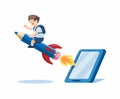 Back To School, Boy Riding Pencil out from Smartphone. Symbol for Online Learning Course and School in Cartoon Flat illustration V Royalty Free Stock Photo