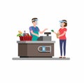 Cashier Groceries Store wear Face Shield, Woman Shopping Activities in New Normal After Concept in flat illustration Vector