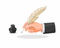 Hand Holding Feather Pen and Ink Well symbol icon set in Cartoon Illustration Vector isolated in White Background Royalty Free Stock Photo