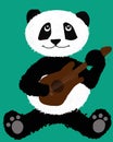 Panda is playing guitar on the green ground.