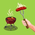 BBQ Party Steak Meat in Grill and Hand holding Fork with Sausage Symbol Concept in Cartoon illustration Vector Royalty Free Stock Photo