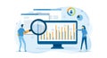 Flat business people working analytics and monitoring research on web report dashboard monitor and vector illustration design bann Royalty Free Stock Photo