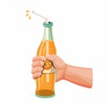 Orange Drink in Glass Bottle, Hand holding Softdrink Soda Orange variant flavour in Cartoon Realistic illustration Vector on White