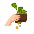 Money and Coin Drop Leaking from Wallet Business Finance Management Metaphor Concept in Cartoon illustration Vector isolated on Wh