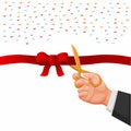 Bussinesman Hand Holding Scissors Cutting Red Ribbon Symbol for Celebrate Grand Opening Ceremony in Cartoon Illustration Vector Royalty Free Stock Photo