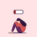 Low power young woman. Battery off, fatigue female. Sadness,crying lady. vector illustration. Royalty Free Stock Photo