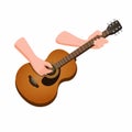 Hand holding acoustic guitar. wooden classic guitar music instrument in cartoon illustration vector on white background Royalty Free Stock Photo