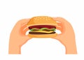 Hand holding fresh burger. fast food menu symbol with hands ready to eat, Cartoon illustration vector on white background