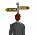 Business man confusing choosing way to success with road street board. business management concept in cartoon illustration vector