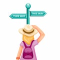 Backpacker girl confusing choose way in road signboard, metaphor advertisment for travel and trip guidance symbol in cartoon illus