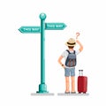 Backpacker guy standing front road sign board in street confusing choose way. tourist travel guide symbol set concept in cartoon i