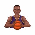 Basket player holding ball, black man african american basketball athlete professional sport symbol in cartoon illustration vector