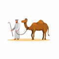 arabian man walk with camel in dessert, animal pet in east asia in cartoon illustrtion vector on white background Royalty Free Stock Photo