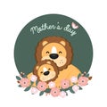 Happy Mother`s Day greeting card with Lion and baby cartoon.