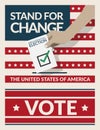 US Presidential election 2020 campaign poster banner. hand putting voting ballot paper card in the ballot box with slogan