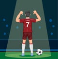 Soccer player in red uniform scoring goal celebration showing number from back view in stadium with spotlight concept in cartoon i Royalty Free Stock Photo