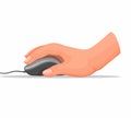 Hand holding computer mouse in office or home in cartoon illustration vector isolated on white background Royalty Free Stock Photo