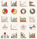 Vector flat style colorful isolated icons of graphs, schemes, schedules