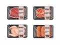 Raw Meat variation in plastic container wrap symbol icon set. chicken tuna beef and sausage in food market store concept in cartoo Royalty Free Stock Photo