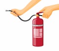 Hand holding fire extinguisher emergency tool in cartoon illustration vector isolated in white background Royalty Free Stock Photo