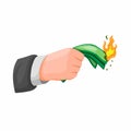 Business man hand holding and burning money. investment and financial problem concept in cartoon illustration vector isolated in w