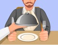 Chef hand serving food in tray to customer in restaurant or cafe scene concept in cartoon illustration vector