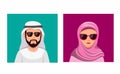 Arabian Man wear turban and woman hijab couple wear eyeglasses icon set in cartoon illustration vector isolated in white backgroun