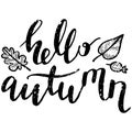 Hello autumn calligraphy text with fall leaves. black and white autumn ink drawing with leaves clipart. seasonal line art.