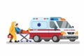 Ambulance 911. emergency car with doctor wear hazmat suit carrying patient to hospital concept in cartoon illustration vector isol