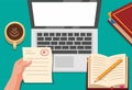 Online Education, hand holding paper exam with laptop, coffee and book concept in cartoon illustration vector Royalty Free Stock Photo