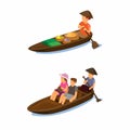 Floating market traditional. woman selling food and tourist transport in boat symbol concept in cartoon illustration vector on whi Royalty Free Stock Photo