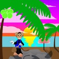 Cartoon view of a beach in a colorful colors with an umbrella beach coconut tree and a monkey