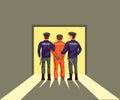 Two police lead prisoner criminal from back view. concept in cartoon illustration vector