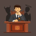 Judge law confusing making decision with silhouette devil and angel concept in cartoon illustration vector Royalty Free Stock Photo
