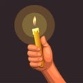 Hand holding candle light concept in cartoon illustration vector on dark background Royalty Free Stock Photo
