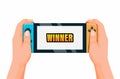 Hand playing portable game with winner symbol. concept in cartoon illustration vector on white background Royalty Free Stock Photo