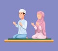 Muslim couple sitting and praying. islam religion people in cartoon illustration vector Royalty Free Stock Photo