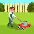 Illustration of a little boy cutting grass with lawn mower Royalty Free Stock Photo