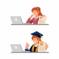 Teenage girl student online course with bad and excellent exam paper test result symbol icon set illustration in cartoon vector