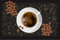 Coffee chalk illustrated concept on black background - white coffee cup, top view with chalk doodle illustration about coffee. Royalty Free Stock Photo