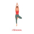 Cartoon young woman standing in vrksasana posture vector flat illustration