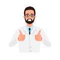 Happy senior doctor shows thumbs up gesture cool.