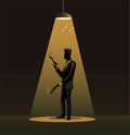 Spy in tuxedo holding gun sillhouette under spotlight symbol illustration vector