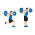 Man with barbell flexing muscles and making shoulder press lunge in gym