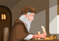 Old man writing with feather pen in scroll paper biography history scene concept in cartoon illustration vector Royalty Free Stock Photo