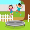 Boy and girl playing trampoline at backyard Royalty Free Stock Photo