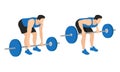 The athlete performs the bent-over barbell rows from floor