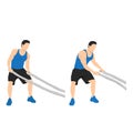 Man doing battle rope side to side swings exercise. Flat vector illustration