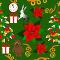 Seamless Merry Christmas and New Year pattern, with Christmas tree, plants, animals, clock, gift box . Ready to print.