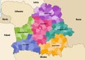 Vector map of Belarus regions colored by administrative districts with neighbouring countries and territories